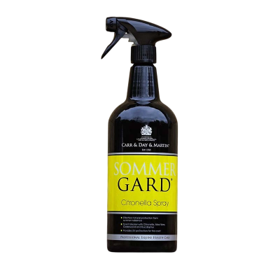 Frasco preto com rótulo amarelo de spray de citronela