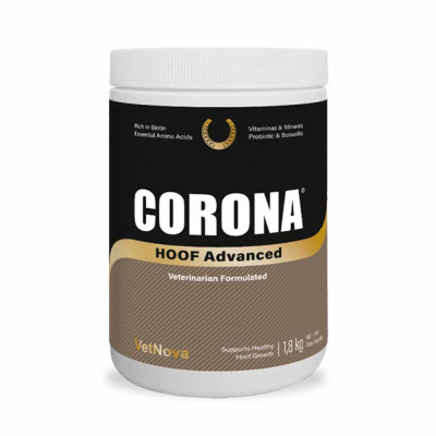Frasco branco de suplemento veterinário CORONA HOOF Advanced com rótulo preto e castanho