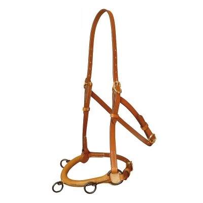 Cabresto de cavalo em pele castanha com fivelas douradas e aros metálicos pretos