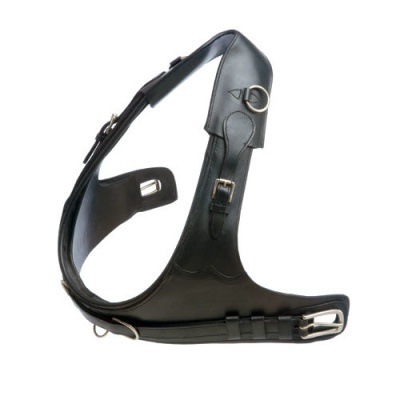 Arreio de couro preto com fivelas metálicas prateadas para cavalos