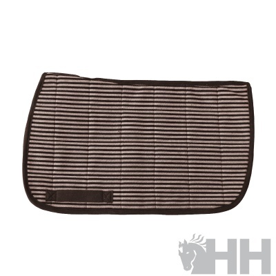Sela para cavalo riscada em marrom e bege com bordas castanho escuras e logotipo HH
