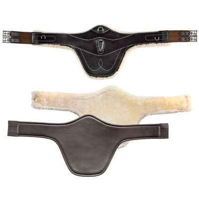 Três protetores de selim para cavalo em couro preto e pêlo sintético bege