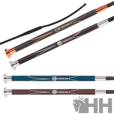 Quatro varas para equitação com diferentes cores e a palavra Contact ou Lebrace visível.