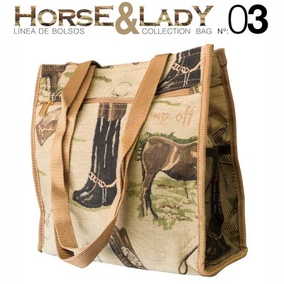 Bolsa HORSE & LADY com padrão de botas e cavalos, alças castanho claro
