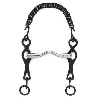Freio para cavalo em metal com peça central prateada, laterais pretas e corrente preta
