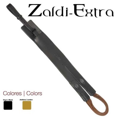 Cinturão de couro preto com punho e alça castanha claro e texto Zaldi-Extra