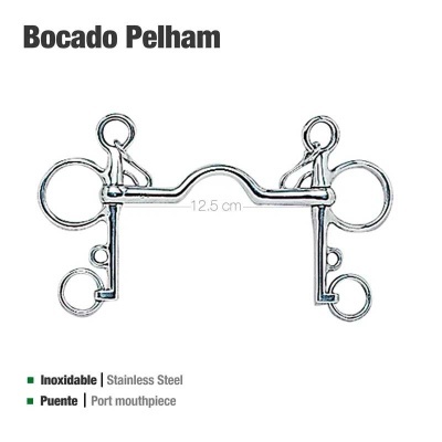 Bocado Pelham em aço inoxidável com argolas e barras verticais de 12.5 cm