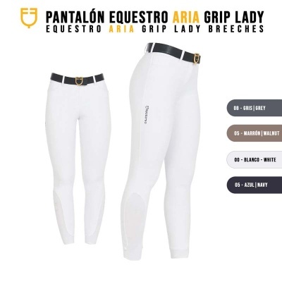 Calças de equitação brancas com cinto preto e fivela dourada, texto PANTALÓN EQUESTRO ARIA GRIP LADY