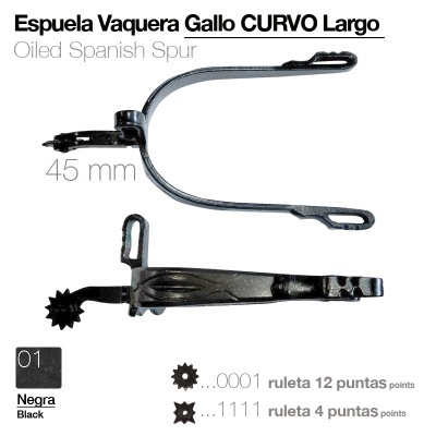 Espora vaqueira curva longa de aço oleado preta com ruletas de 12 e 4 pontas e texto explicativo