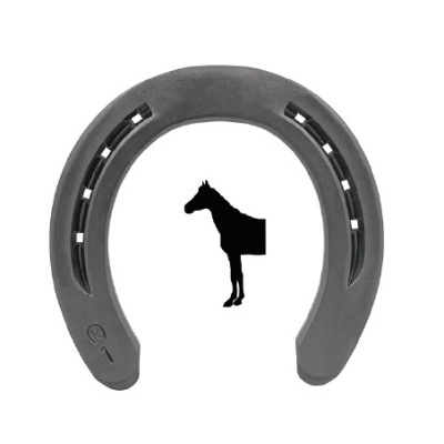 Ferradura metálica cinzenta com imagem de cavalo preto