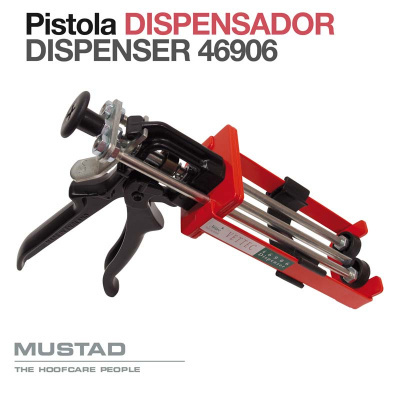 Pistola dispensador preta e vermelha com texto em fundo branco