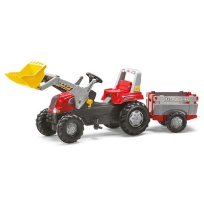 Trator de brinquedo vermelho com pá amarela e reboque Farm Trailer