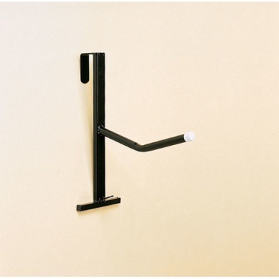Suporte de parede metálico preto com ponta branca na parede bege