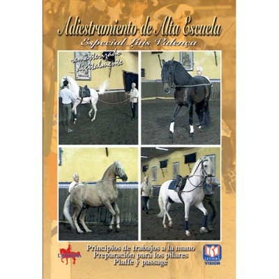 Capa de videocassete de treino equestre com imagens de cavalos e texto em espanhol