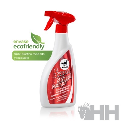 Frasco pulverizador branco com tampa vermelha de produto para cavalos Leovet 5 Star Striegel Detangler ecofriendly