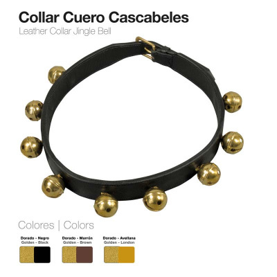 Colar de couro preto com campainhas douradas e amostras de cores