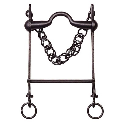 freio metálico para cavalo com corrente central e argolas nas extremidades