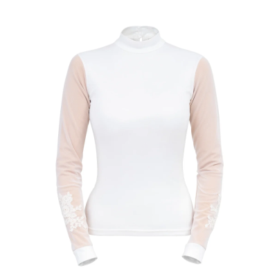 Camisola branca com mangas transparentes e bordados florais