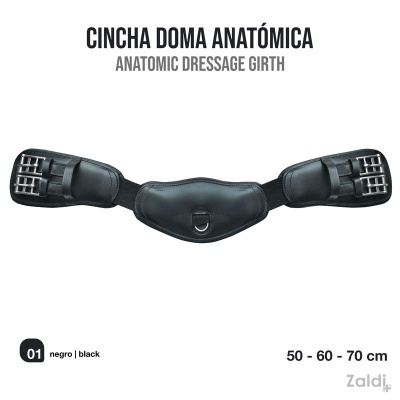 Cincha preta para doma anatómica com fivelas metálicas e anel em D central.