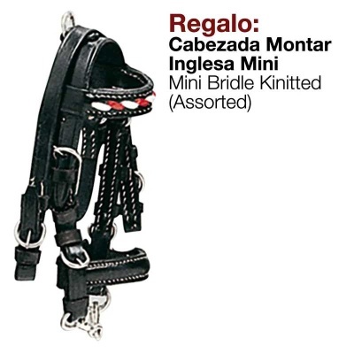 Cabresto mini em couro preto com ferragens metálicas e detalhes em vermelho e branco