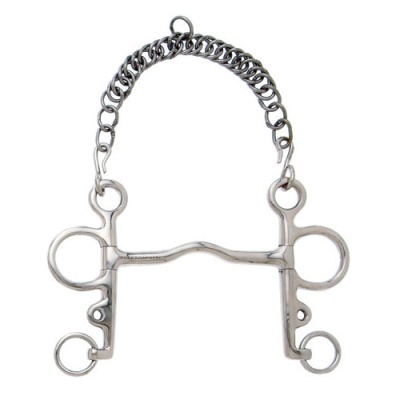 Freio de cavalo em metal prateado com corrente e anéis