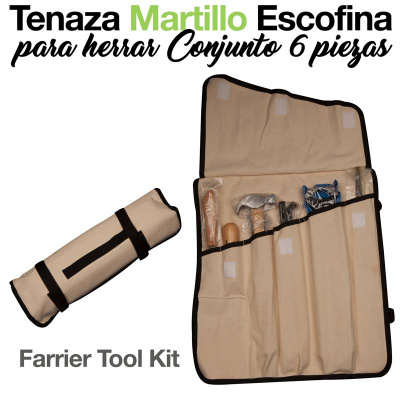 Conjunto de ferramentas para ferrar com bolsa de tecido bege e bordas pretas.
