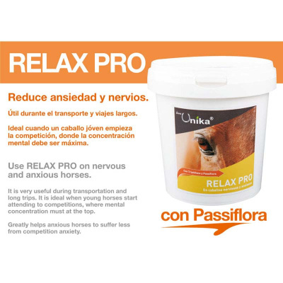 Frasco branco do suplemento RELAX PRO para cavalos ansiosos, etiqueta com olho de cavalo e texto informativo