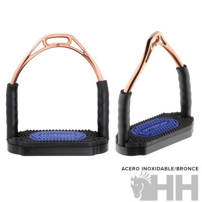 Estribos para equitação em aço inoxidável/bronze com base antiderrapante azul e preta