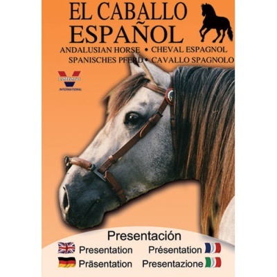 Capa com cabeça de cavalo cinza e texto multilingue sobre cavalos espanhóis