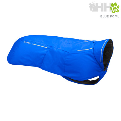 Casaco azul para cão Ruffwear com detalhes refletivos e interior preto