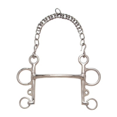 Freio de cavalo em metal prateado com argolas e corrente