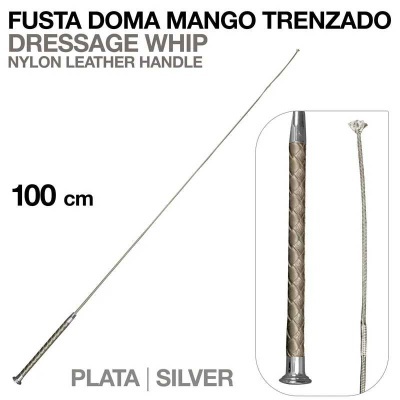 Fusta de doma com cabo trançado em couro nylon prata e 100 cm