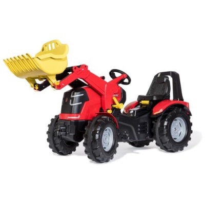Trator de brinquedo pedal vermelho com balde amarelo em fundo branco