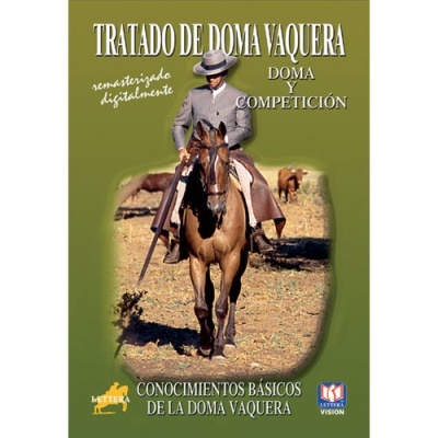 Capa de livro de doma vaquera com cavaleiro e cavalo em campo