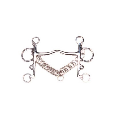 Freio de equitação em metal prateado com corrente e argolas