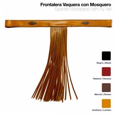 Frontalera vaqueira castanha com franjas longas e aplicações ovais pretas
