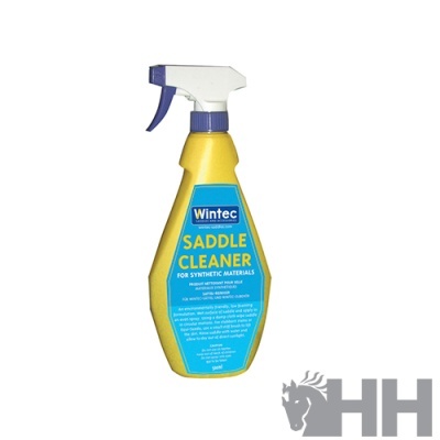 Frasco amarelo de spray Wintec Saddle Cleaner para materiais sintéticos com rótulo azul