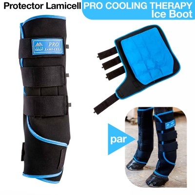 Bota de terapia fria Protector Lamicell PRO Cooling Therapy Ice Boot preta e azul para cavalo