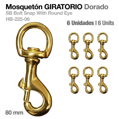 Seis mosquetões giratórios dourados de 80 mm com fecho e olho redondo em fundo branco