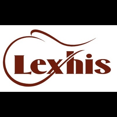 Logótipo com a palavra Lexhis em castanho escuro e linhas curvas decorativas em torno