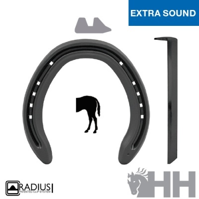 Ferradura preta metálica com pé de cabra e logotipos em fundo branco