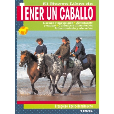 Capa de livro com título em espanhol e três pessoas a cavalo na praia com mar ao fundo.