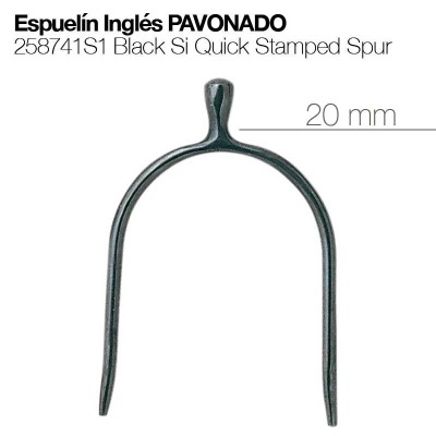 Espora inglesa pavonada preta com medida de 20 mm e texto informativo