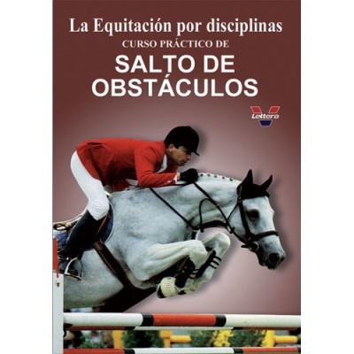 Capa de livro com cavaleiro a saltar com cavalo branco e texto sobre salto de obstáculos