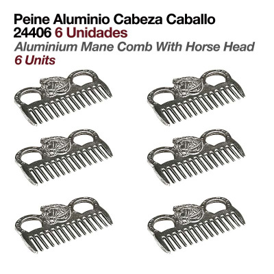 Seis pentes de alumínio com cabeça de cavalo em fundo branco com texto descritivo acima.