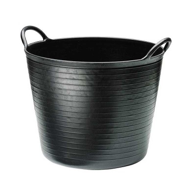 Balde preto de plástico com alças e riscas horizontais
