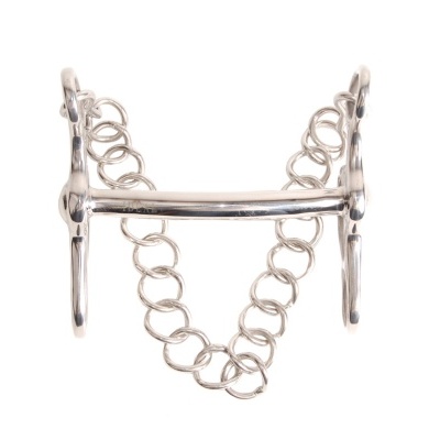 Freio de cavalo metálico prateado com argolas e barra reta