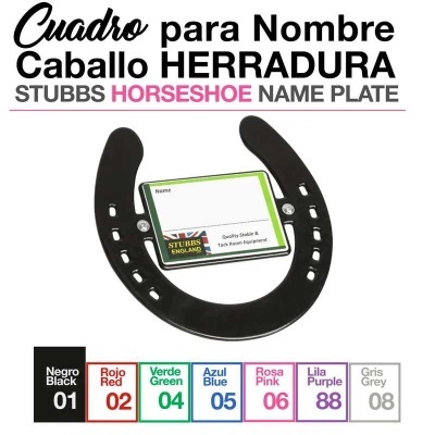 Ferradura preta com placa de nome verde em fundo branco e legenda colorida de códigos de cor.
