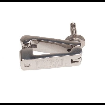 Acessório metálico prateado com parafuso e gravação IDEAL