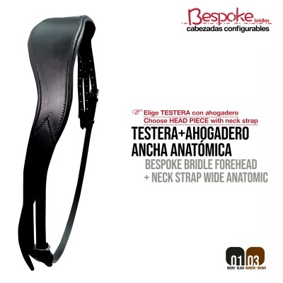 Testera para cavalo em couro preto com tira de pescoço anatómica larga